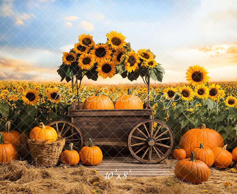 Kate Fleece Fall Sunflowers Pumpkins Cart Backdrop Designed by Emetselch - Kate Backdrop AU