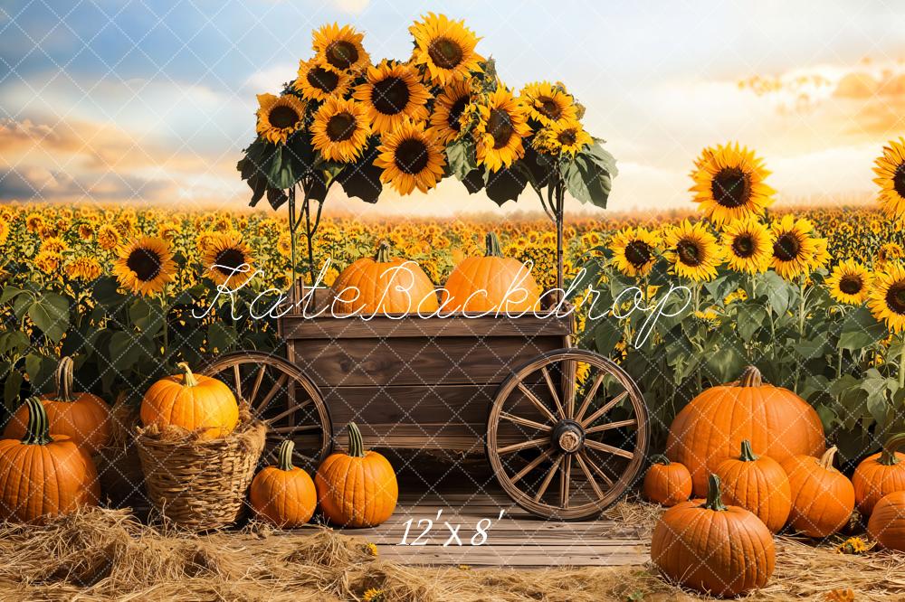 Kate Fleece Fall Sunflowers Pumpkins Cart Backdrop Designed by Emetselch - Kate Backdrop AU