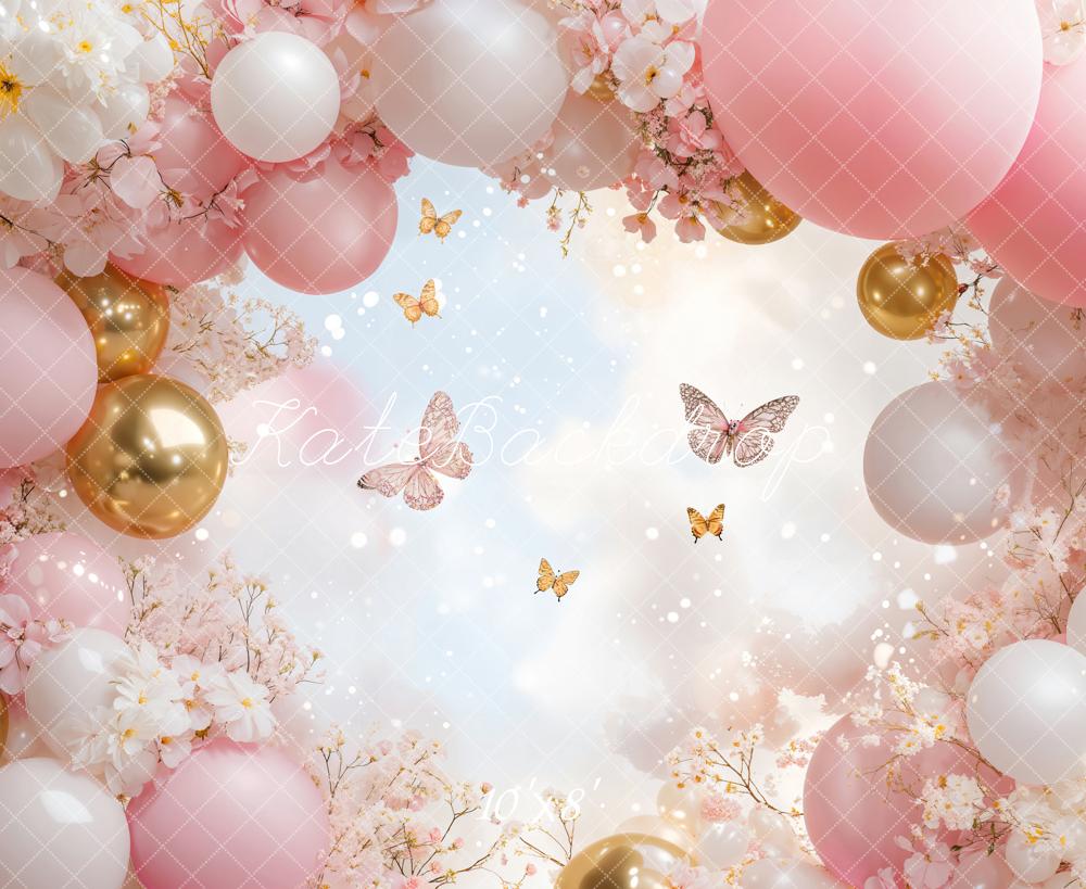 Kate Pink Birthday Balloon Butterfly Backdrop Designed by Emetselch - Kate Backdrop AU