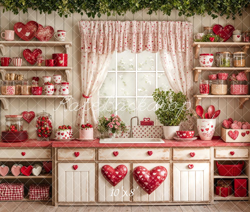 Kate Fleece Valentine's Day Kitchen Backdrop Red Heart Designed by Emetselch