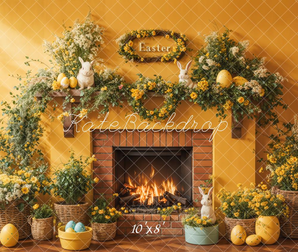 Kate Easter Spring Backdrop Floral Yellow Fireplace Eggs Designed by Emetselch - Kate Backdrop AU