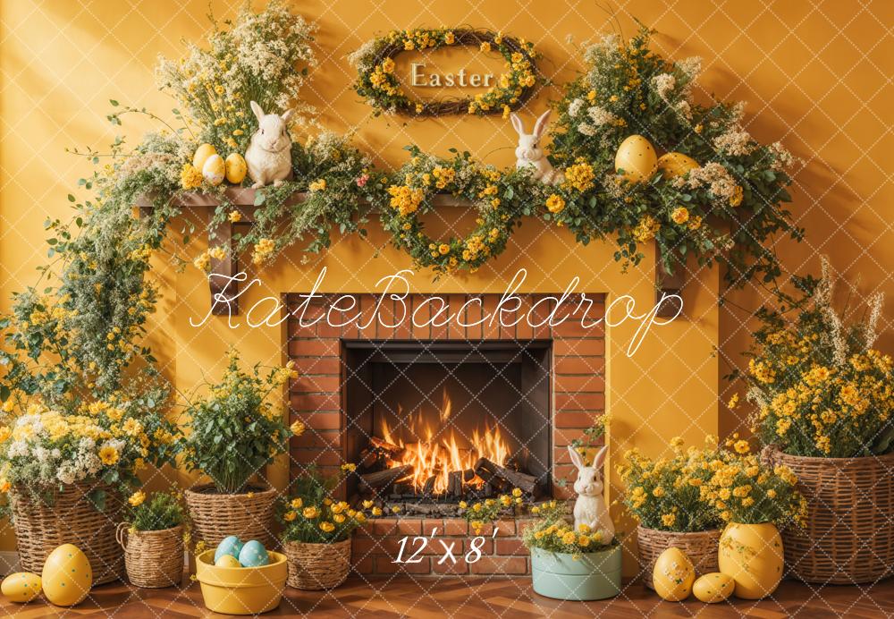 Kate Easter Spring Backdrop Floral Yellow Fireplace Eggs Designed by Emetselch - Kate Backdrop AU