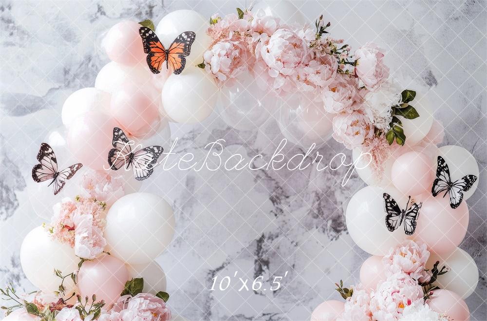 Kate Fleece White Balloon Arch Butterflies Backdrop Birthday Designed by Lidia Redekopp