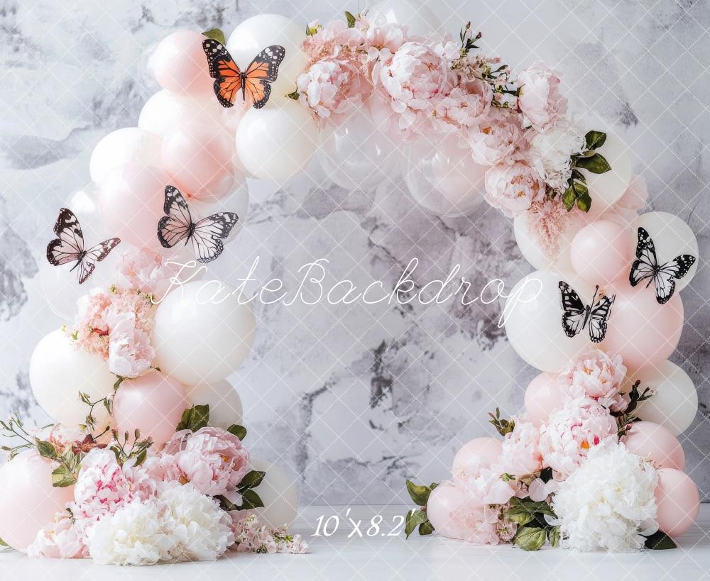 Kate Fleece White Balloon Arch Butterflies Backdrop Birthday Designed by Lidia Redekopp