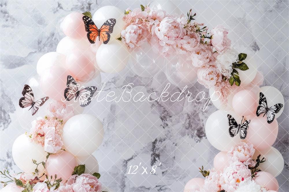 Kate Fleece White Balloon Arch Butterflies Backdrop Birthday Designed by Lidia Redekopp