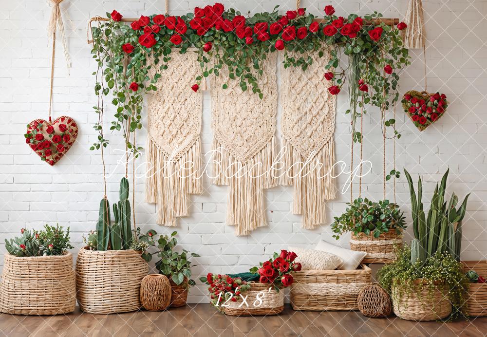Kate Fleece Valentine Boho Backdrop Floral Macrame Cactus Designed by Emetselch - Kate Backdrop AU