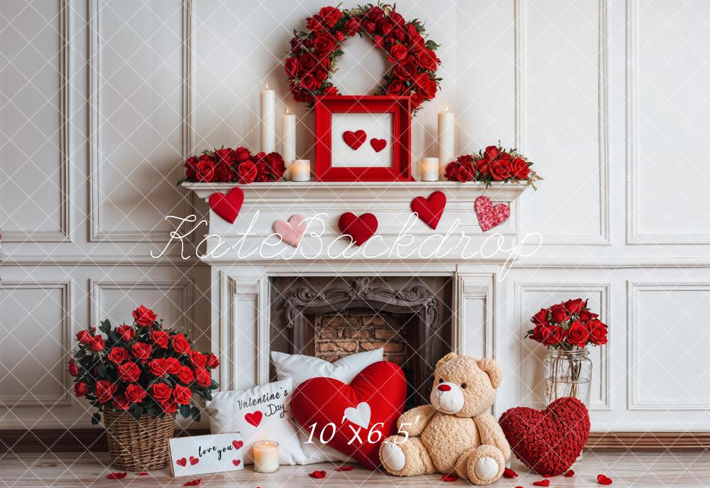 Kate Rose Valentine's Day White Fireplace Backdrop Fleece Designed by Emetselch - Kate Backdrop AU