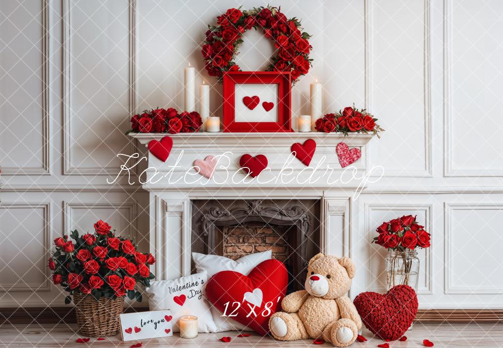 Kate Rose Valentine's Day White Fireplace Backdrop Fleece Designed by Emetselch - Kate Backdrop AU