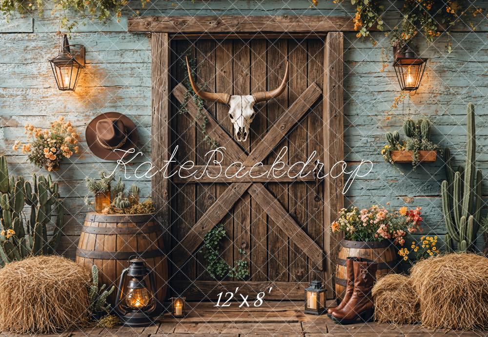Kate Western Cowboy Barn Door Fleece Backdrop Designed by Emetselch - Kate Backdrop AU