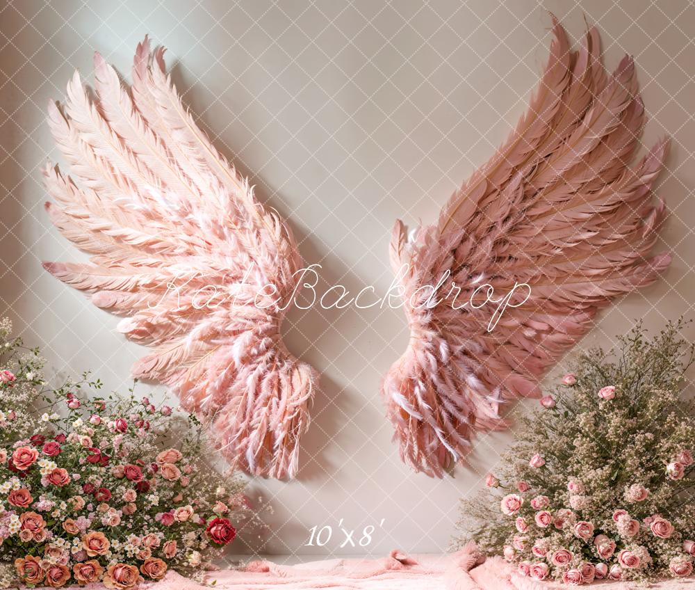Kate Fleece Pink Angel Wings Floral Backdrop Designed by Emetselch - Kate Backdrop AU