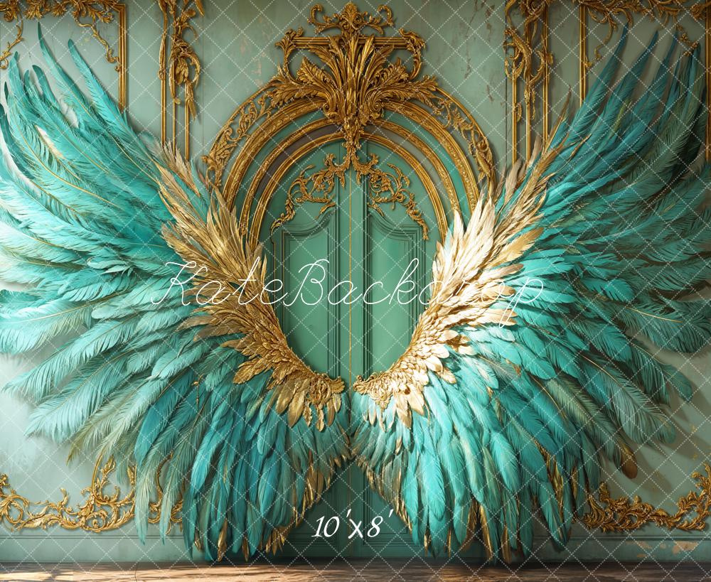 Kate Fleece Elegant Vintage Turquoise Feather Wings Backdrop Designed by Emetselch - Kate Backdrop AU