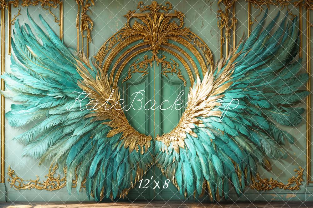 Kate Fleece Elegant Vintage Turquoise Feather Wings Backdrop Designed by Emetselch - Kate Backdrop AU