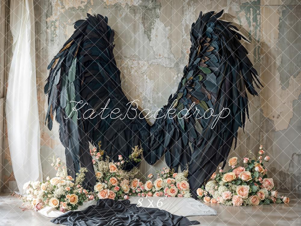 Kate Fleece Black Angel Wings Floral Backdrop Designed by Emetselch