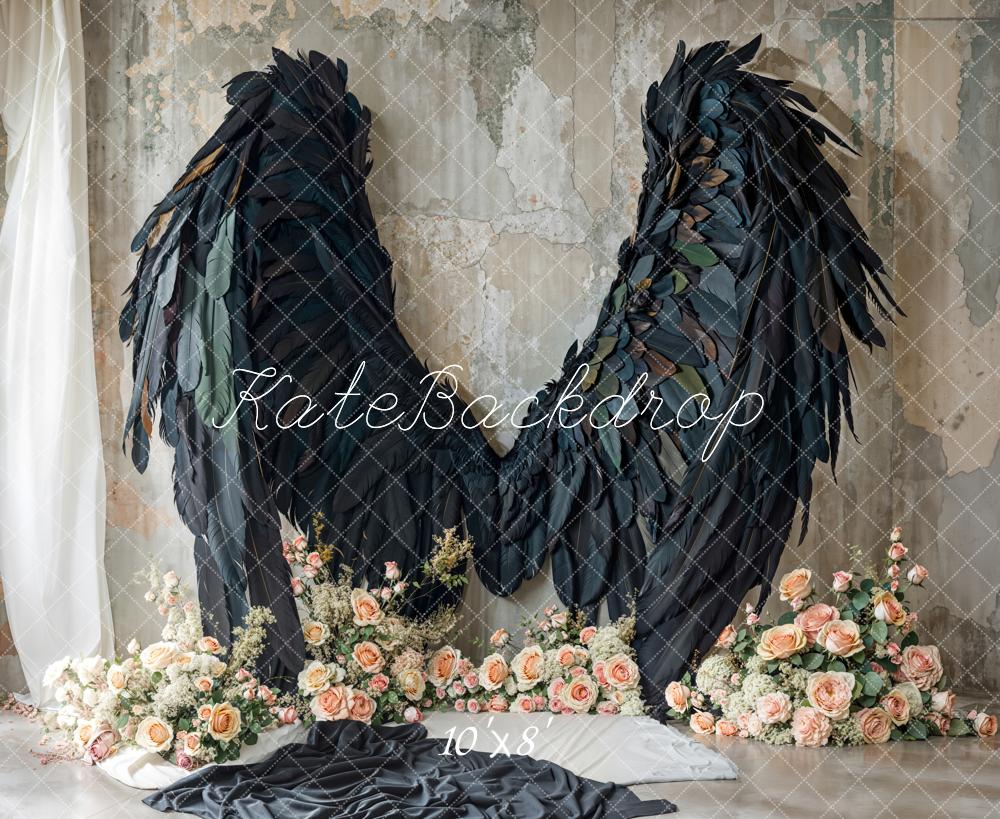 Kate Fleece Black Angel Wings Floral Backdrop Designed by Emetselch