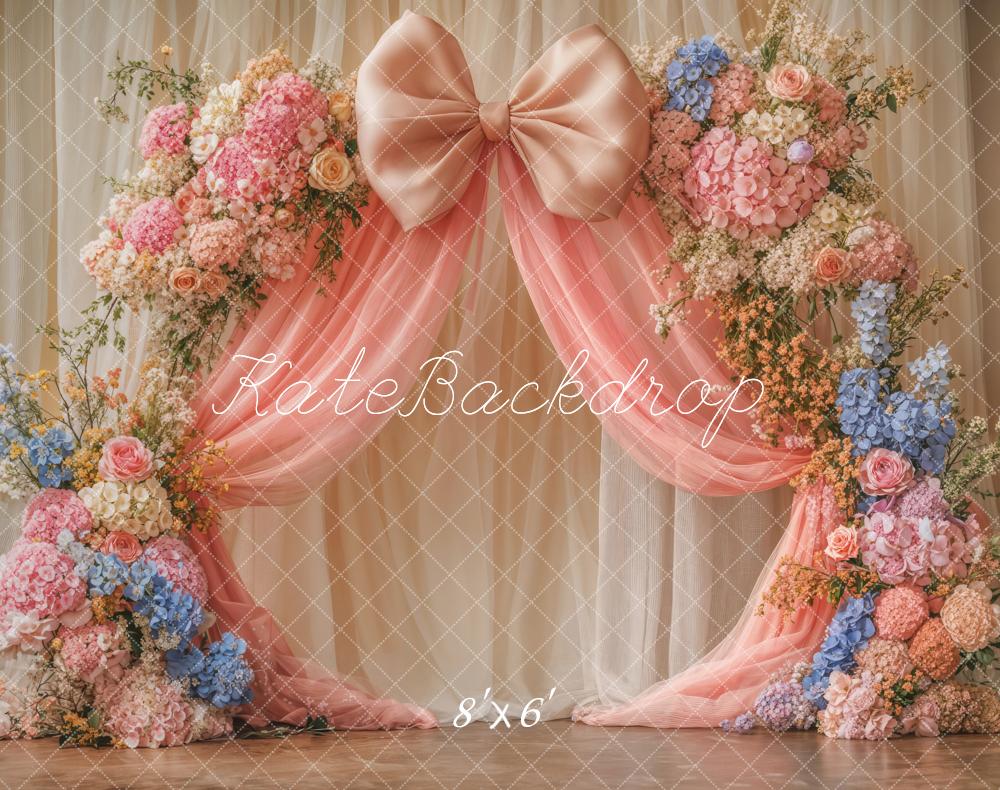 Kate Fleece Pink Flower Bow Tulle Curtain Backdrop Designed by Emetselch