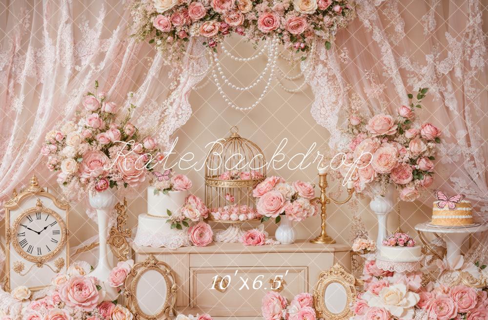 Kate Fleece Princess Pink Flower Pearl Backdrop Designed by Emetselch