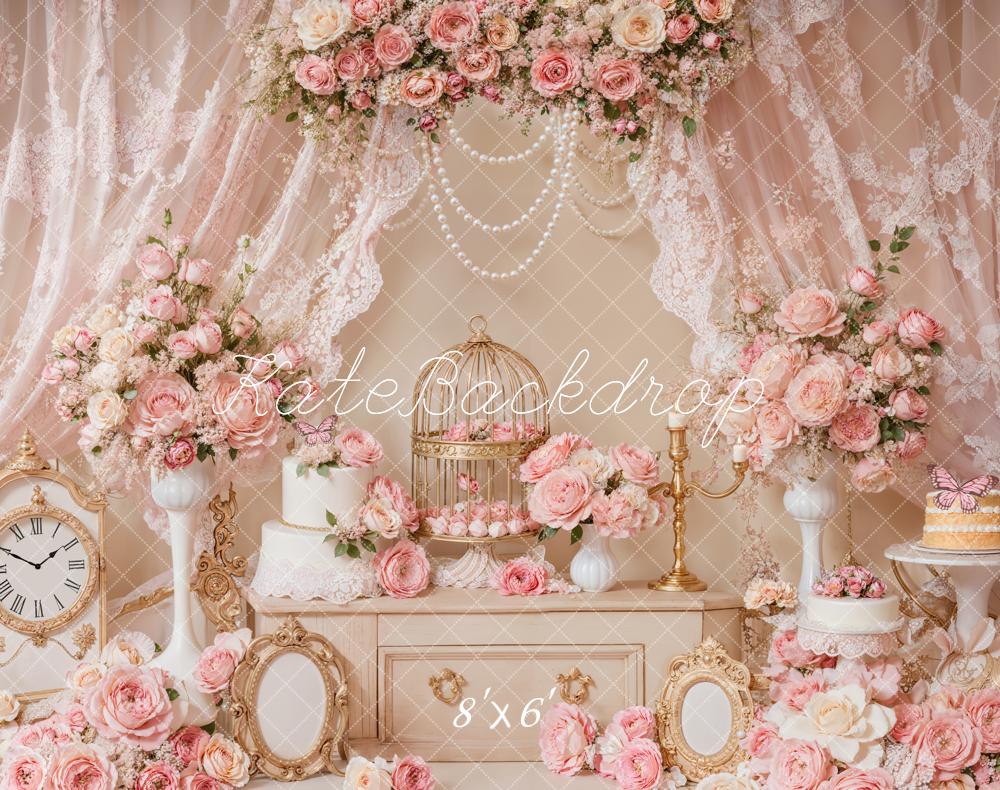 Kate Fleece Princess Pink Flower Pearl Backdrop Designed by Emetselch
