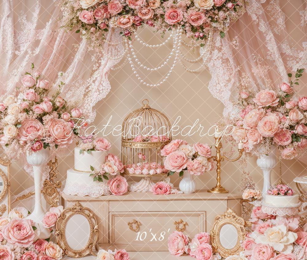 Kate Fleece Princess Pink Flower Pearl Backdrop Designed by Emetselch