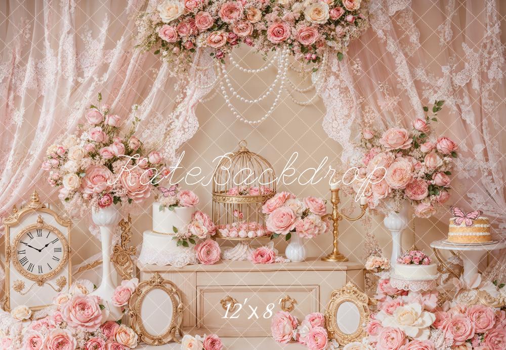 Kate Fleece Princess Pink Flower Pearl Backdrop Designed by Emetselch