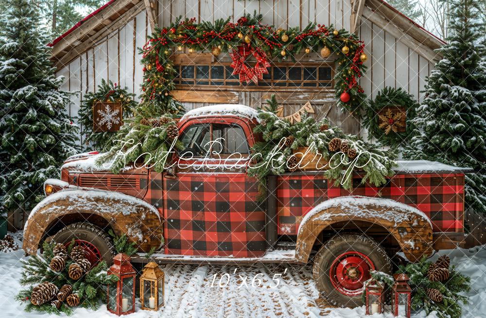 Kate Fleece Christmas Red Plaid Truck Backdrop Designed by Emetselch