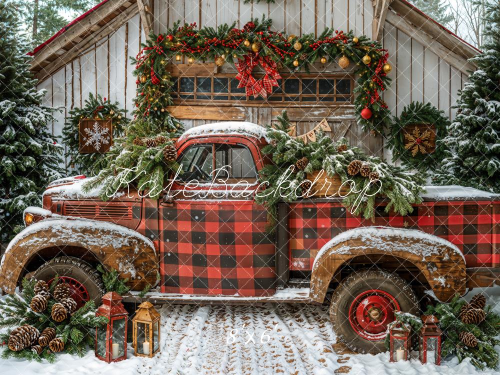 Kate Fleece Christmas Red Plaid Truck Backdrop Designed by Emetselch
