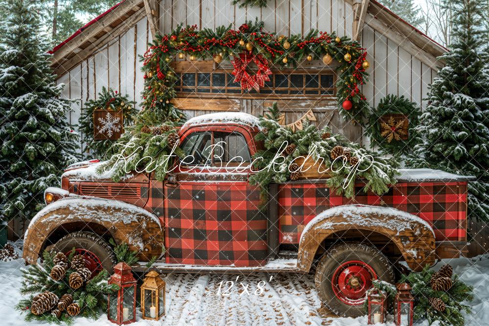 Kate Fleece Christmas Red Plaid Truck Backdrop Designed by Emetselch - Kate Backdrop AU