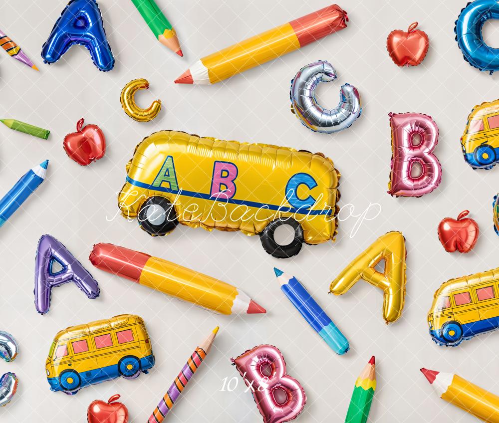 Kate Fleece Back to School Backdrop Balloons Alphabet Bus Designed by Emetselch - Kate Backdrop AU