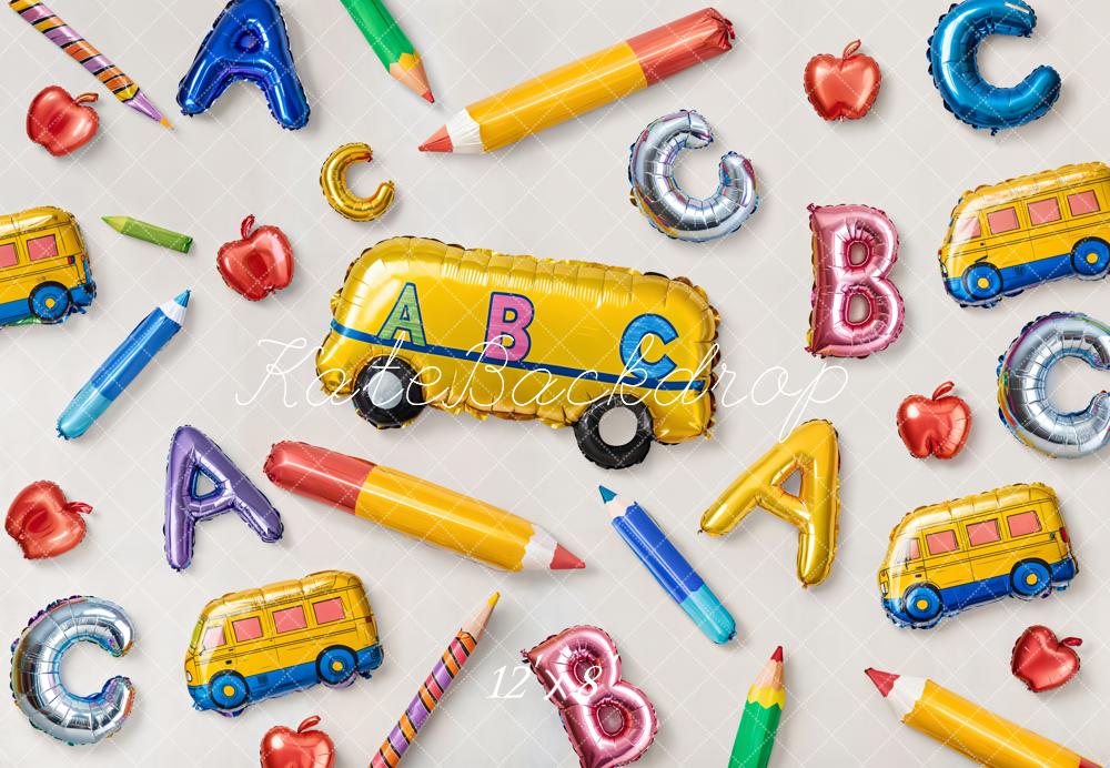 Kate Fleece Back to School Backdrop Balloons Alphabet Bus Designed by Emetselch - Kate Backdrop AU