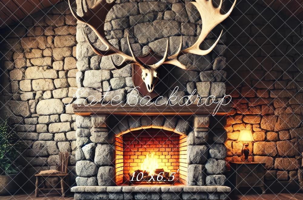 Kate Fleece Stone Fireplace Antlers Backdrop Designed by Lidia Redekopp