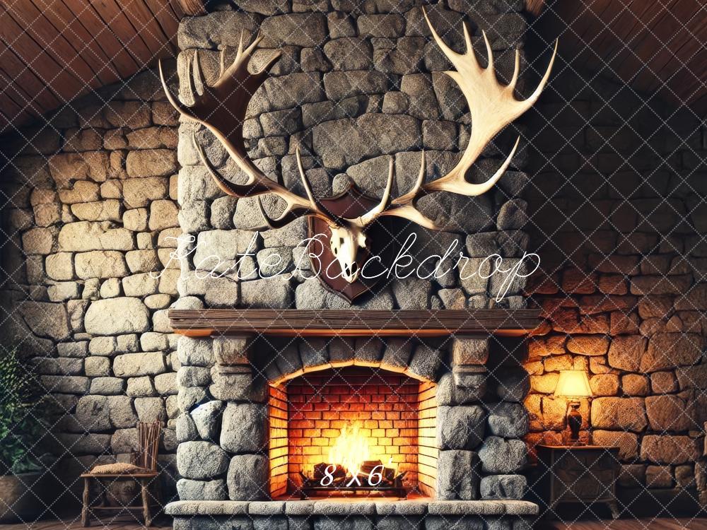 Kate Fleece Stone Fireplace Antlers Backdrop Designed by Lidia Redekopp