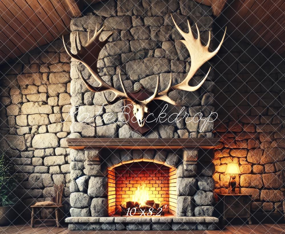 Kate Fleece Stone Fireplace Antlers Backdrop Designed by Lidia Redekopp