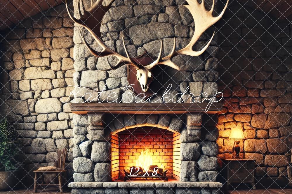 Kate Fleece Stone Fireplace Antlers Backdrop Designed by Lidia Redekopp