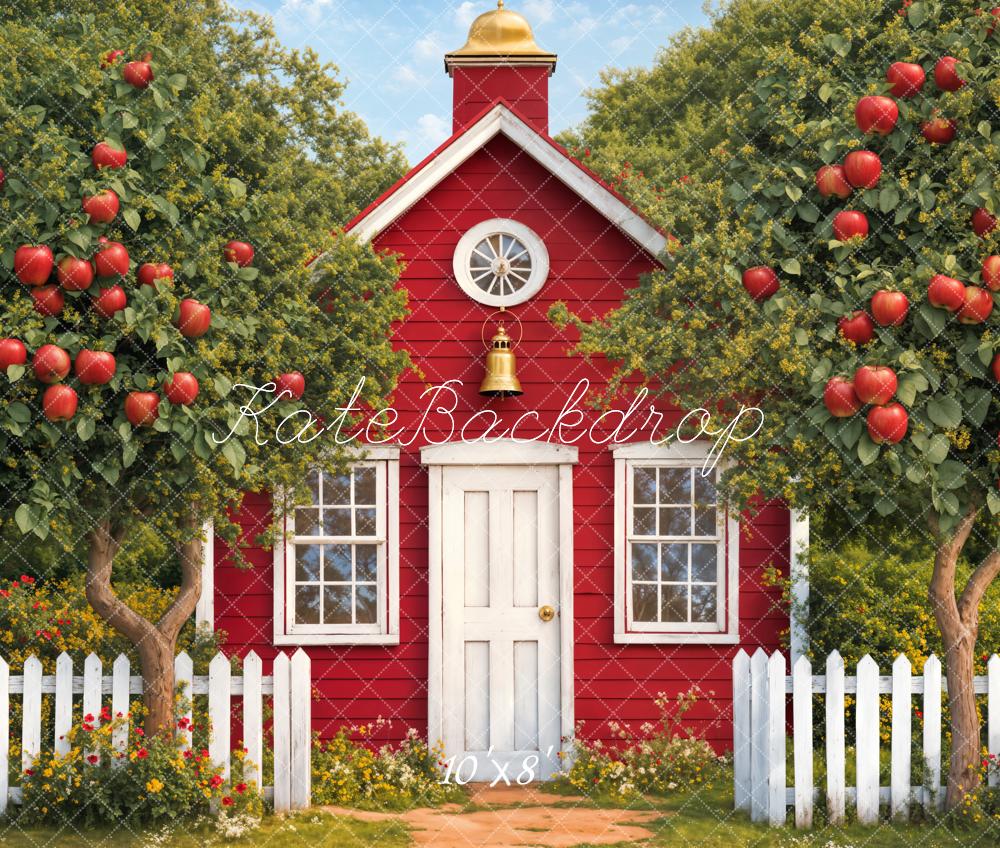 Kate Fleece Red House Apple Orchard Backdrop Designed by Emetselch - Kate Backdrop AU