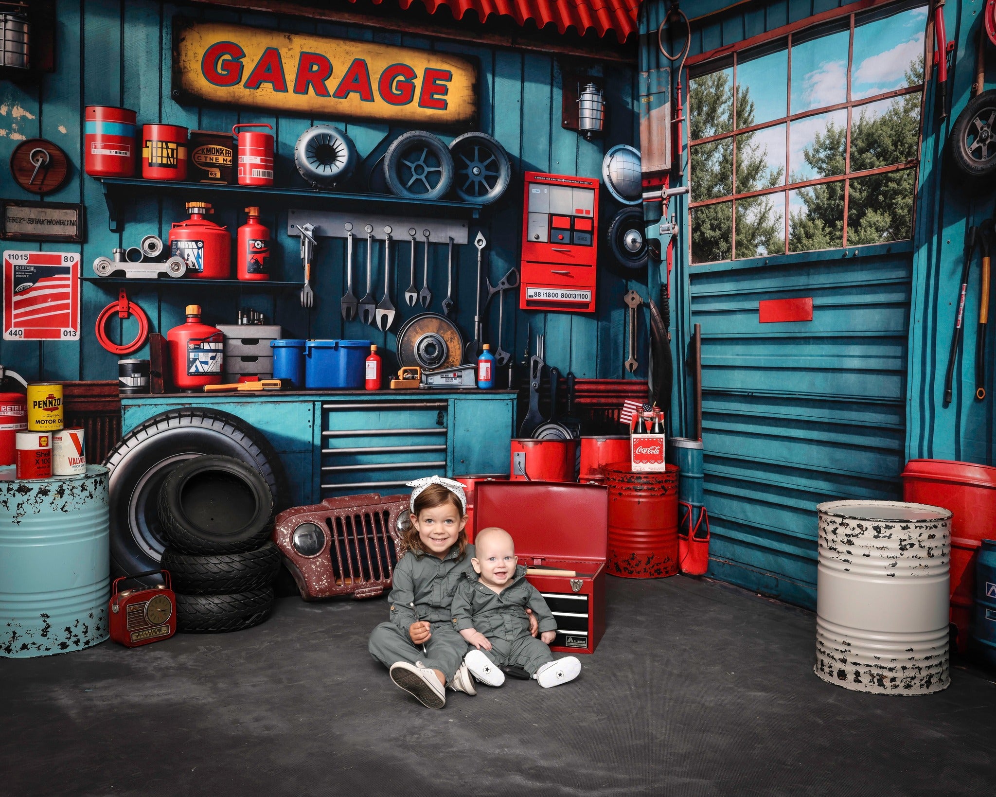 Kate Father's Day Blue Garage Wall Metal Frame Window Room Set(8ftx8ft&10ftx8ft&8ftx10ft) - Kate Backdrop AU