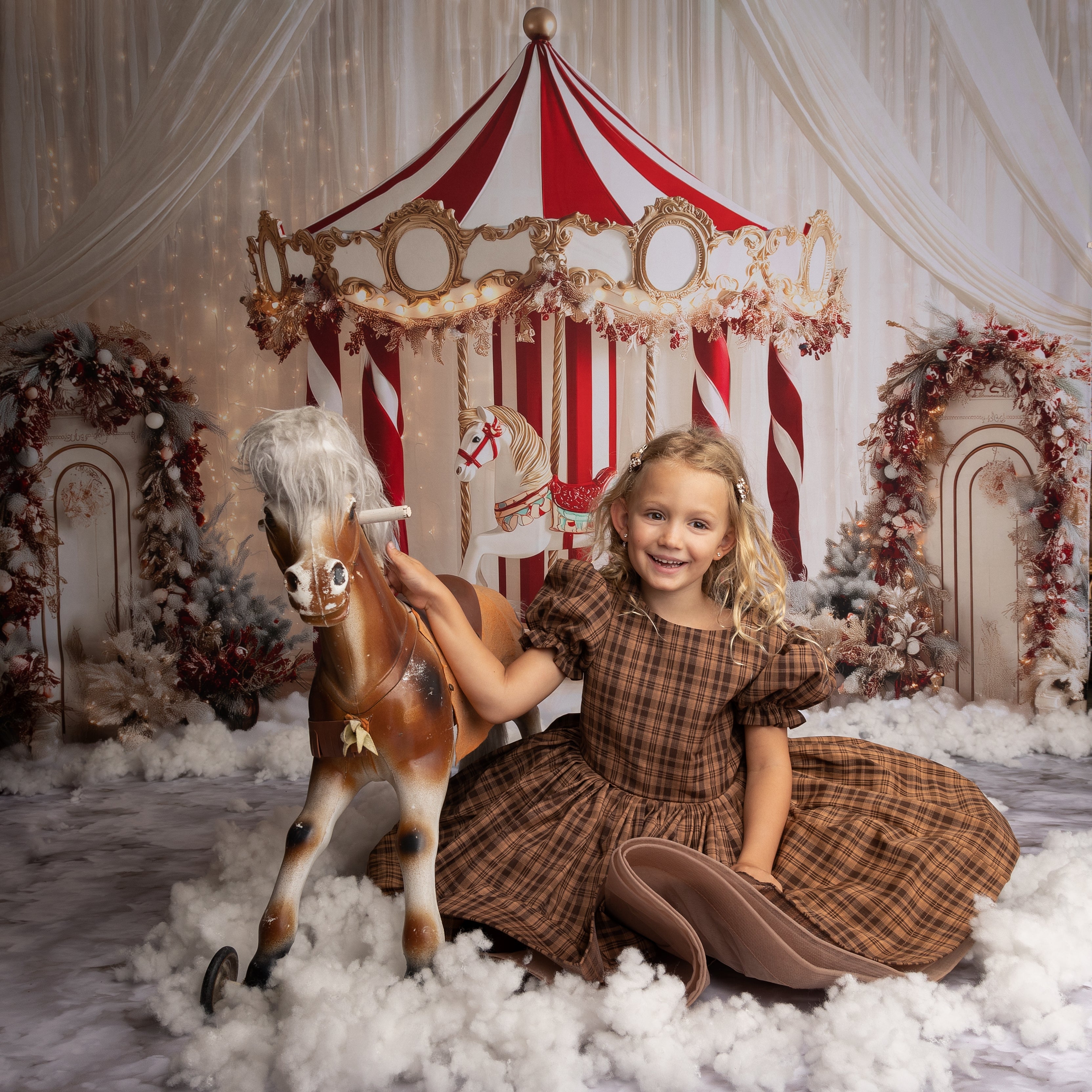 Kate Classic Brown Puff Sleeve Plaid Girls Dress for Photography - Kate Backdrop AU