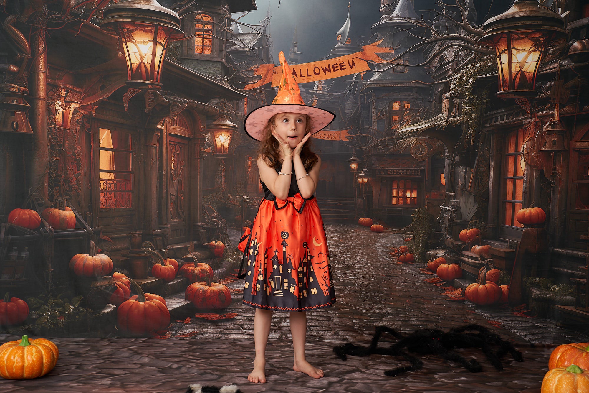 Kate Halloween Pumpkin Street Backdrop+Brown Stone Floor Backdrop