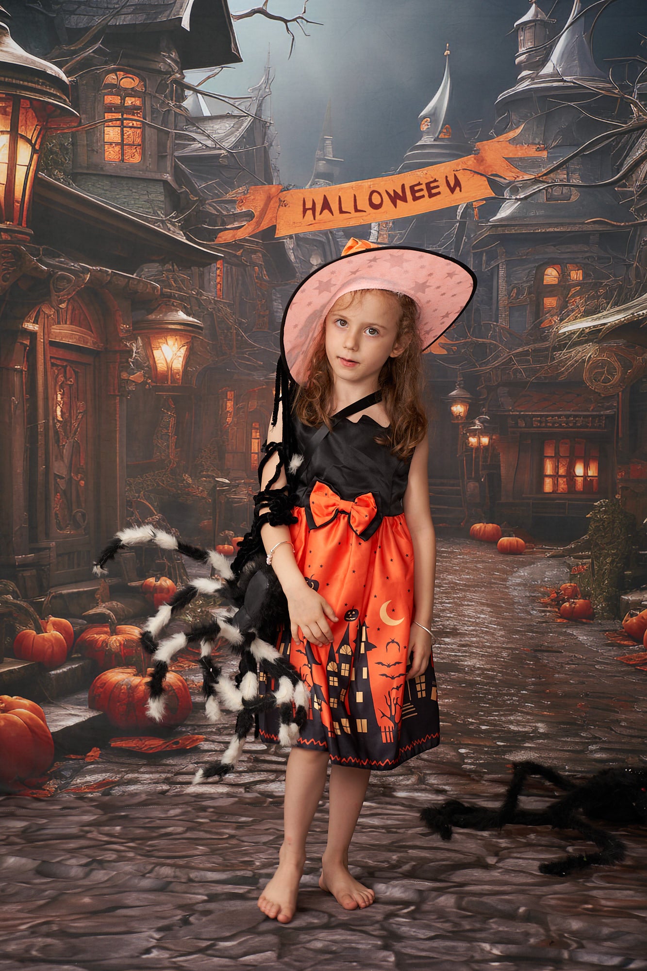 Kate Halloween Pumpkin Street Backdrop+Brown Stone Floor Backdrop