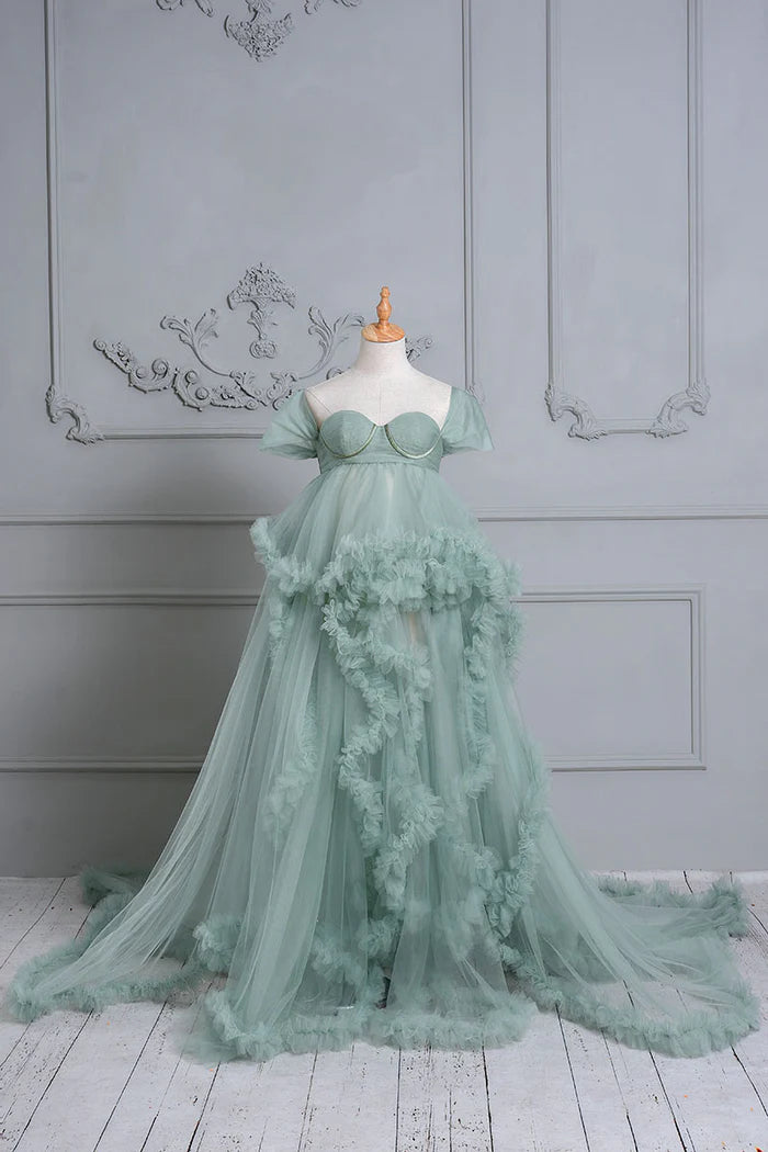 Kate Mint Green One Shoulder Mesh Maternity Photoshoot Dress - Kate Backdrop AU