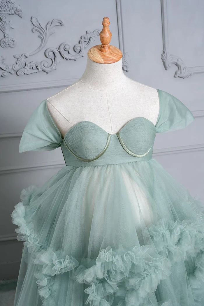 Kate Mint Green One Shoulder Mesh Maternity Photoshoot Dress - Kate Backdrop AU
