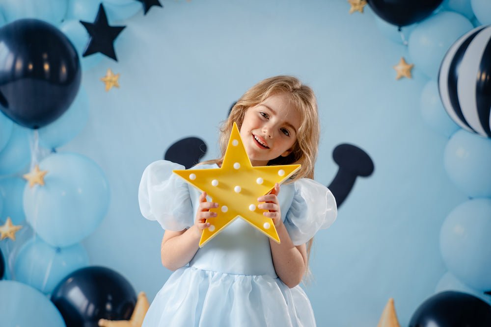 Kate Blue Balloon Smiley Stars Fleece Backdrop Designed by Emetselch - Kate Backdrop AU