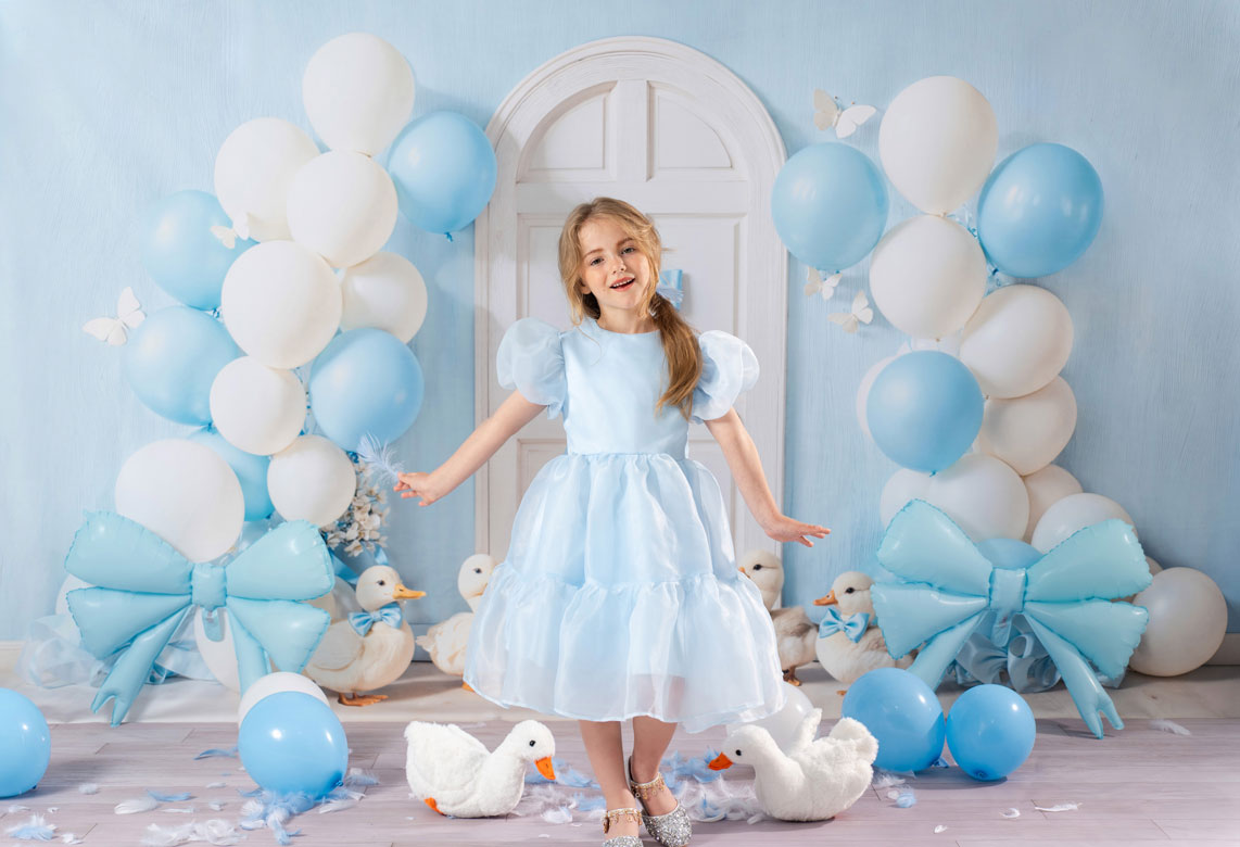 Kate Blue White Balloons Door Ducklings Fleece Backdrop Designed by Emetselch - Kate Backdrop AU