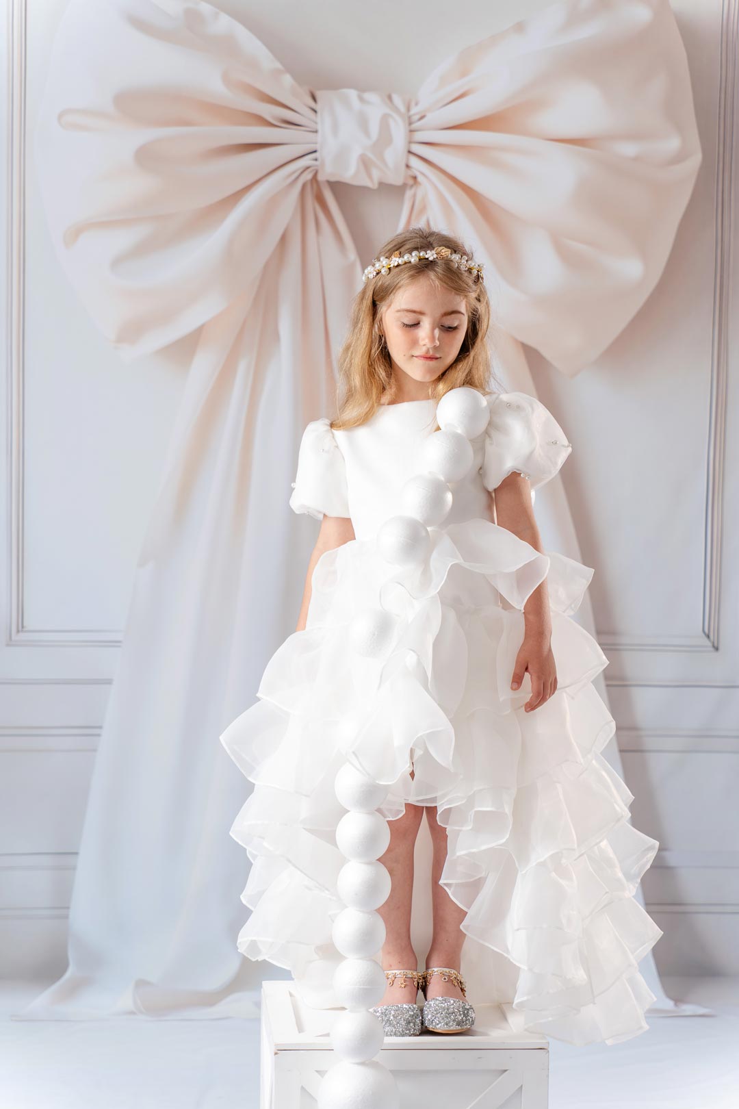Kate Pure White Mesh Long Tail Children's Gown Dress with pearl hair band - Kate Backdrop AU