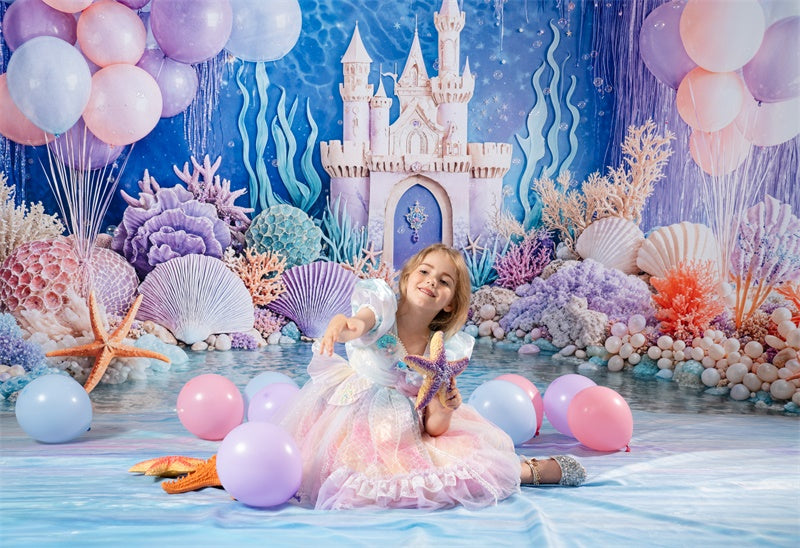 Kate Mermaid Castle Coral Seashell Balloons Fleece Backdrop Designed by Emetselch - Kate Backdrop AU