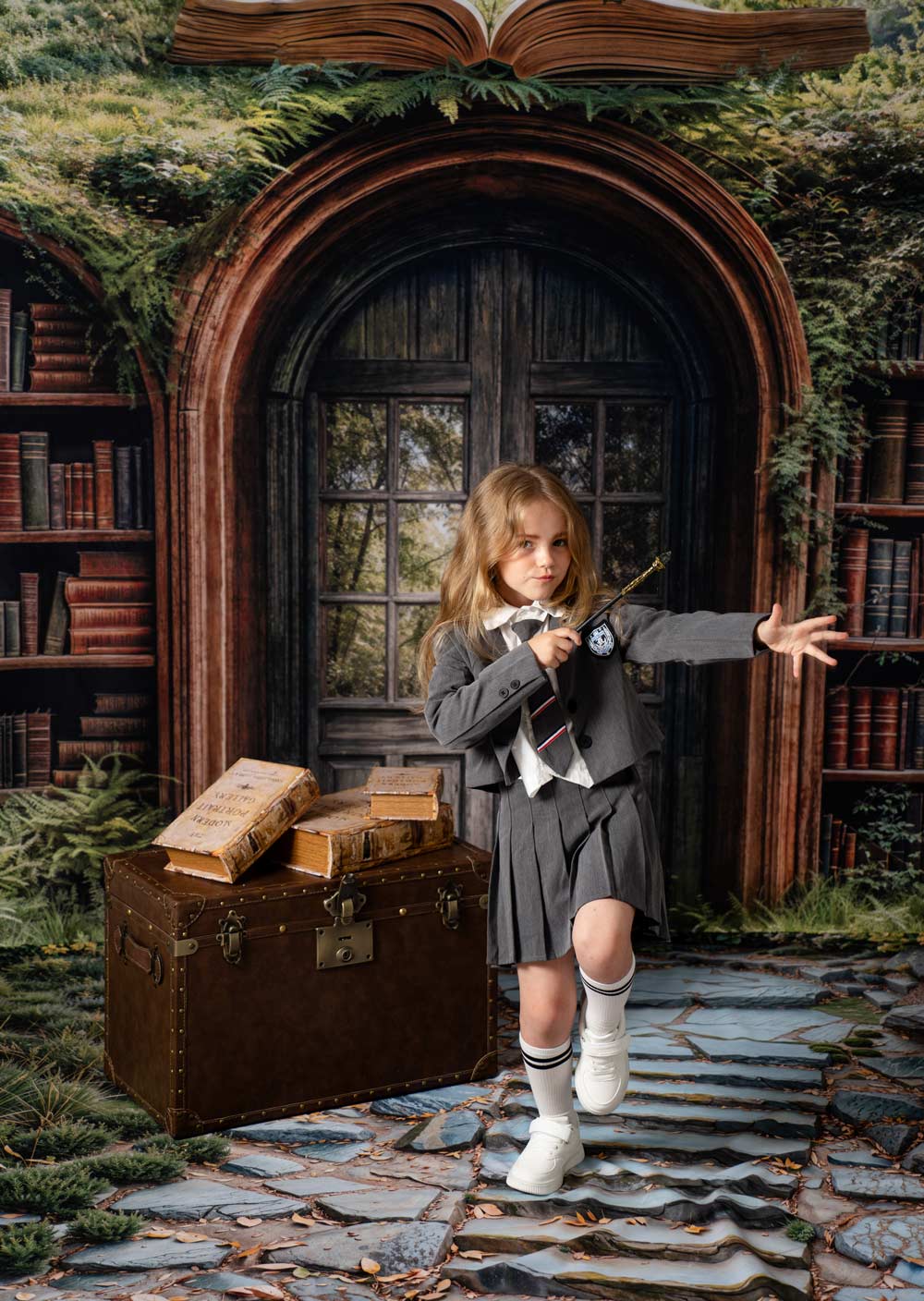 Kate Bookshelves Forest Archway Fleece Backdrop Designed by Emetselch - Kate Backdrop AU