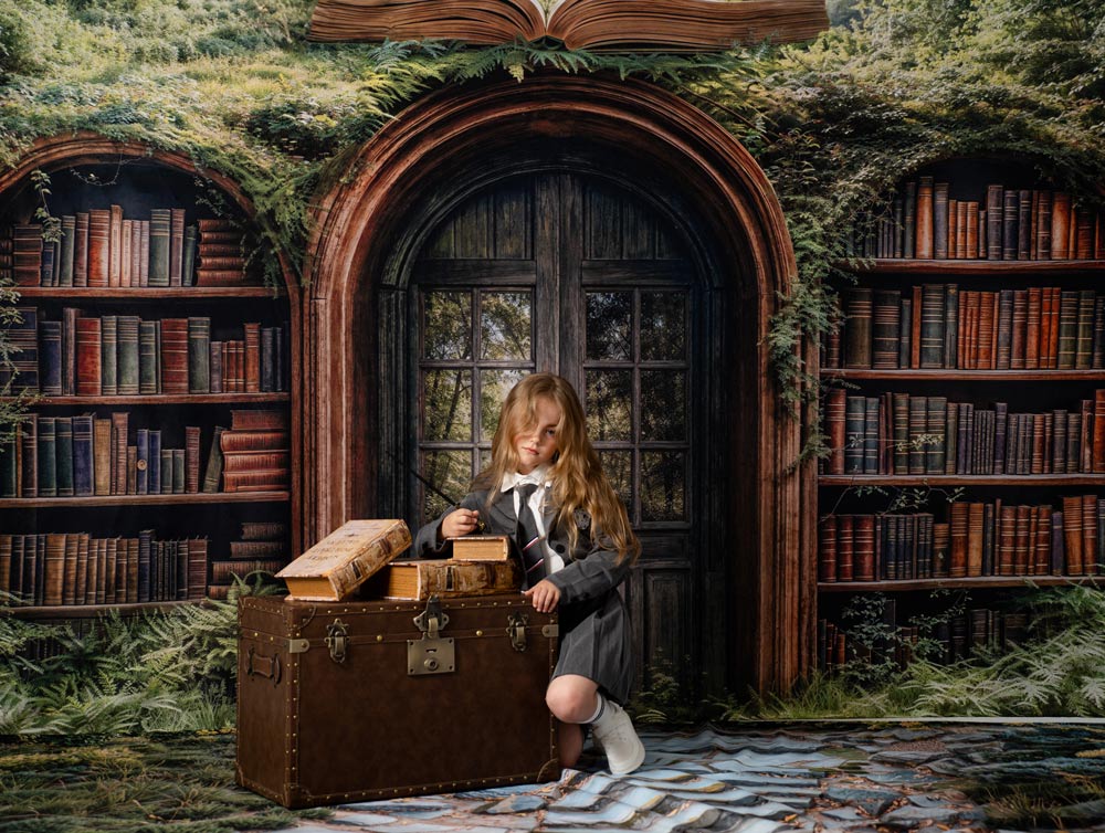 Kate Bookshelves Forest Archway Fleece Backdrop Designed by Emetselch - Kate Backdrop AU