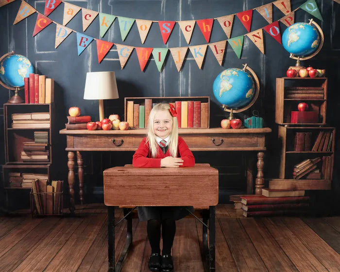 Kate Back to School Globe Books Backdrop+Brown Wooden Floor Backdrop
