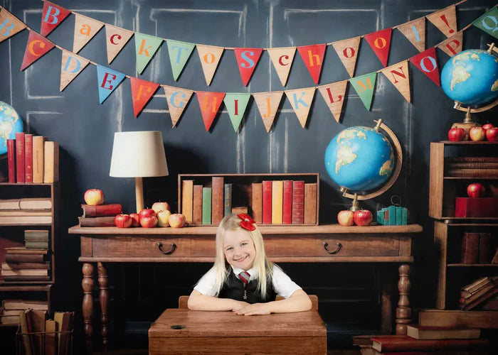 Kate Back to School Globe Books Backdrop+Brown Wooden Floor Backdrop