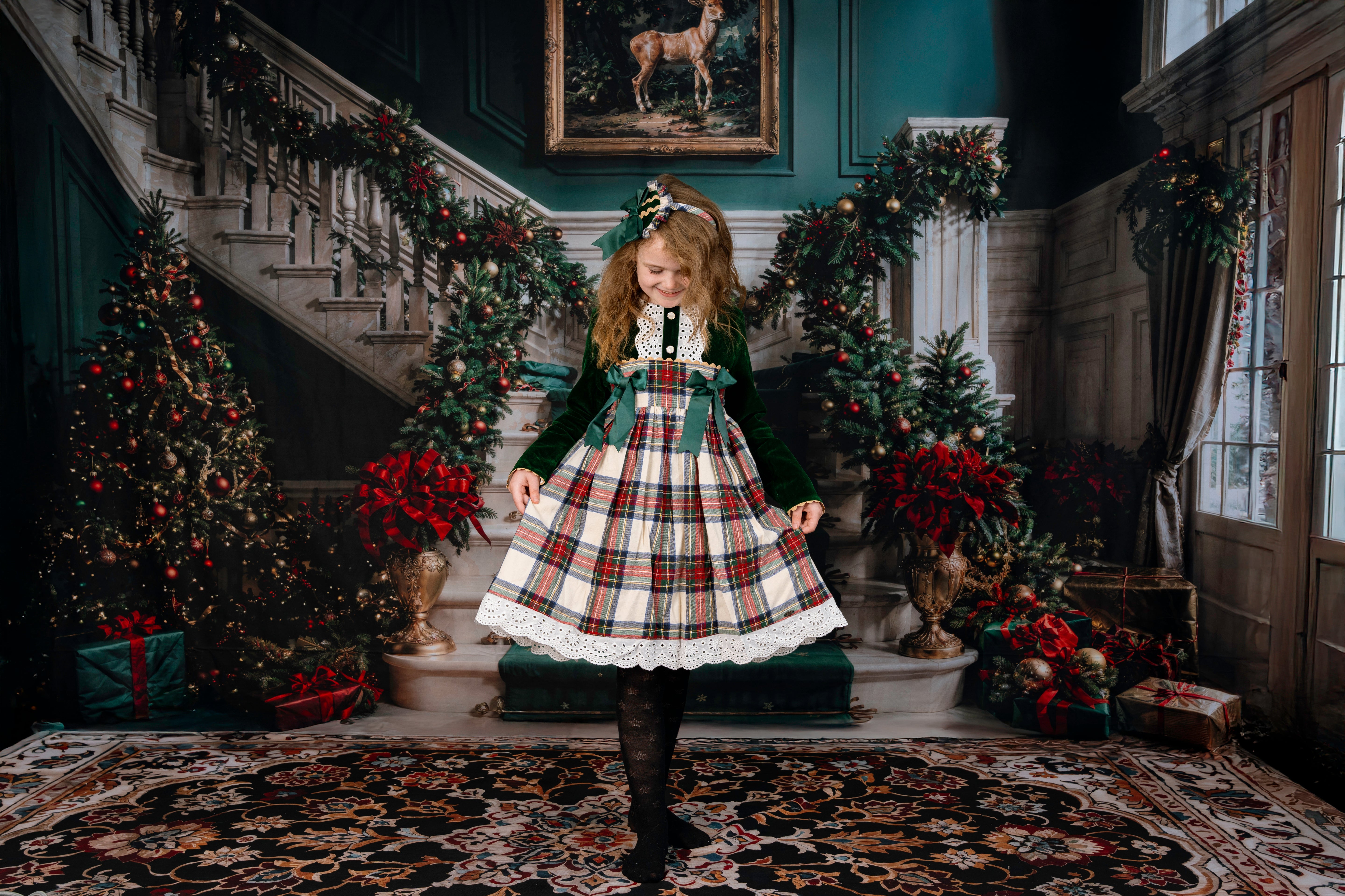 Kate Christmas Green Staircase Backdrop+Vintage Colorful Floral Floor Backdrop