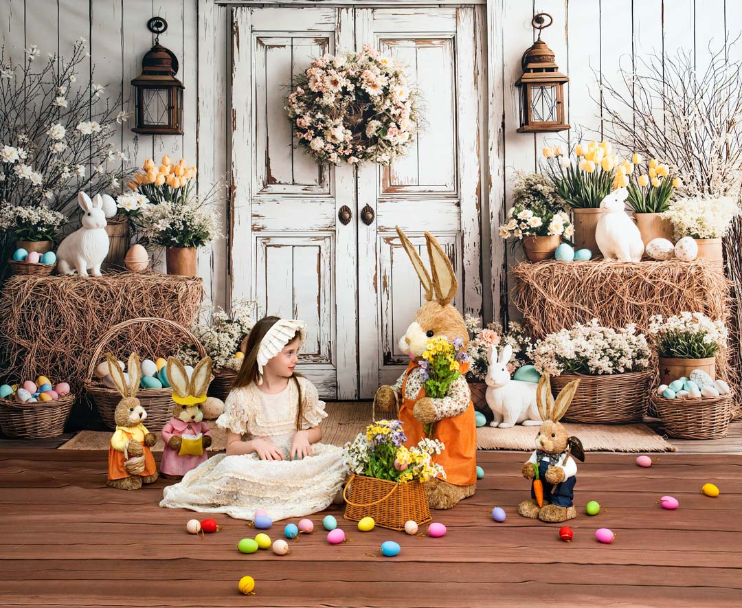 Decorative Easter scene with a child, Easter eggs, and floral arrangements in a rustic setting.