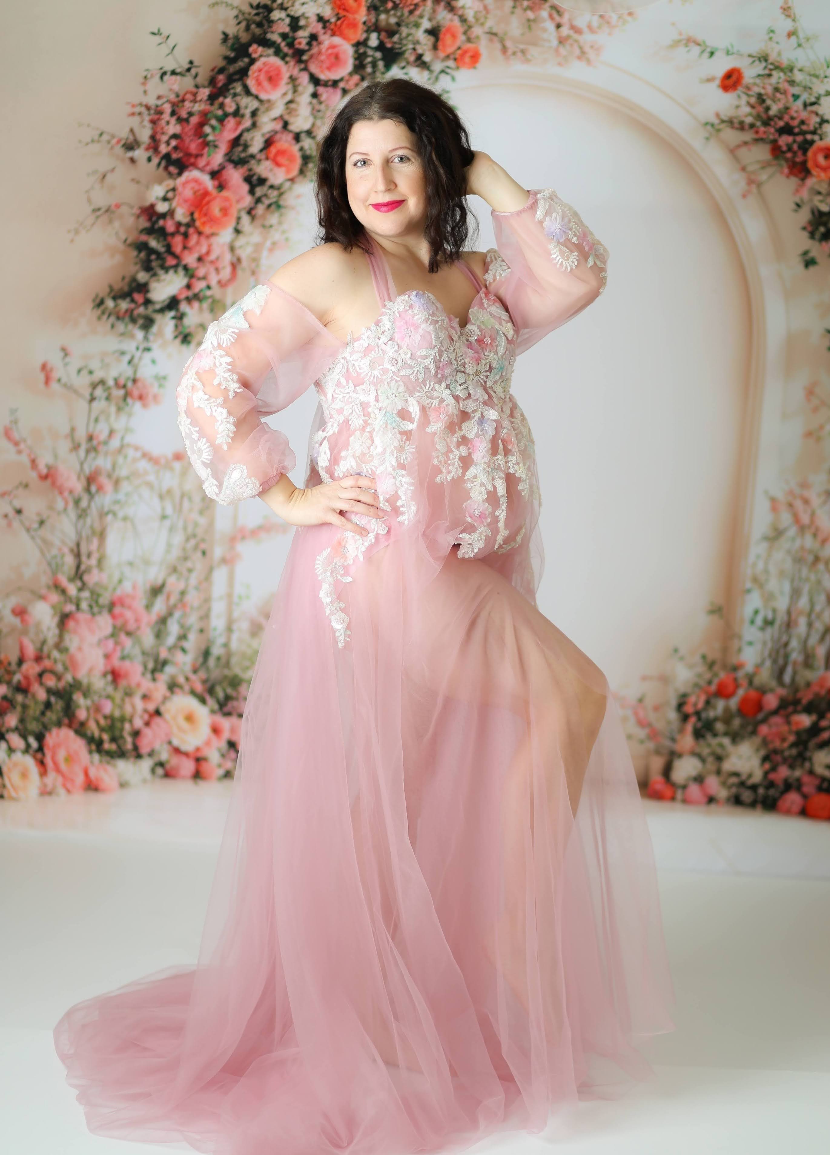 Kate Mesh Hanging Neck Mid Sleeve Trailing Maternity Photoshoot Dress - Kate Backdrop AU